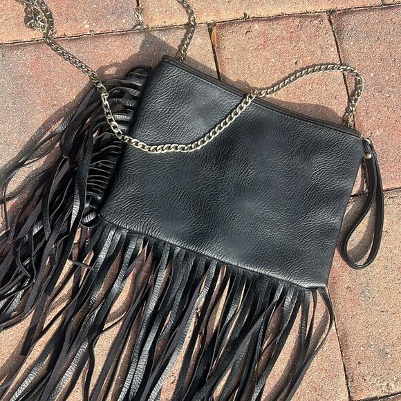 Black Leather Fringe Clutch / Crossbody Bag with Gold Chain - Zip Pocket Inside - Picture 2 of 5